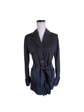 Women's Black  Belted Trench Coat with Notch Collar